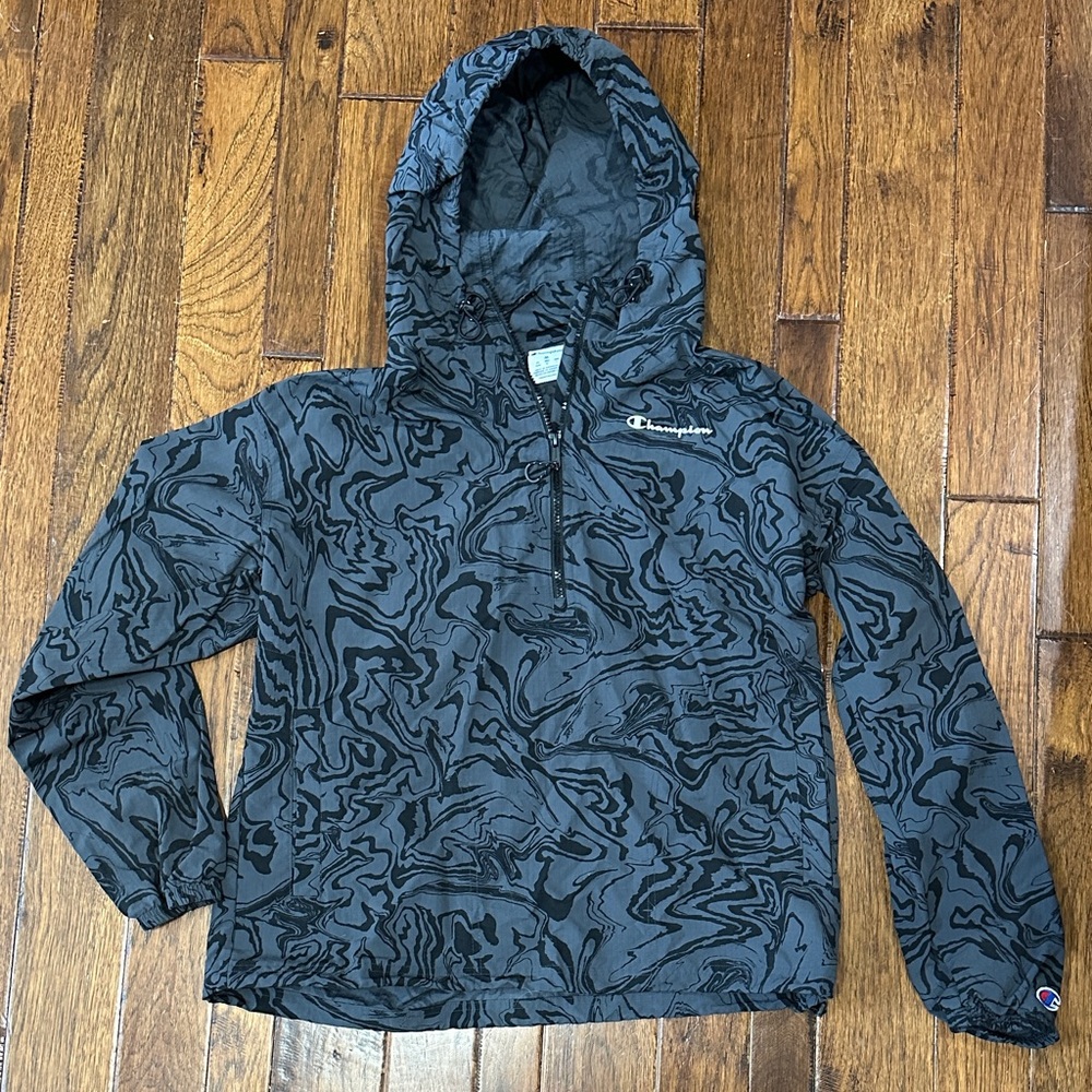 Champion Black & Charcoal Swirl Hooded Half-Zip Pullover Raincoat